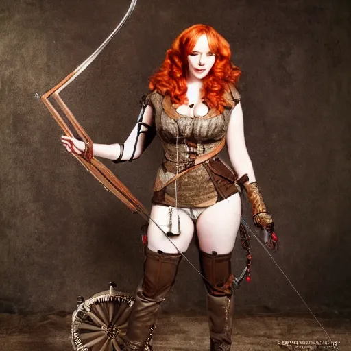 Image similar to full body photo of christina hendricks as a steampunk archer,