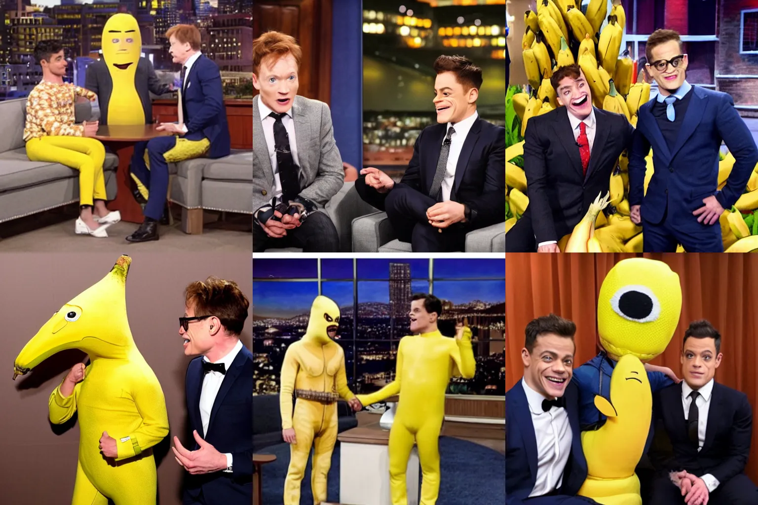 Prompt: conan obrien interviewing rami malek dressed as a banana, realistic, photo quality