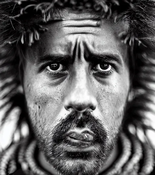 Prompt: Award winning photo of Mauri Natives with incredible hair and hyper-detailed eyes wearing traditional garb by Lee Jeffries, 85mm ND 5, perfect lighting, gelatin silver process