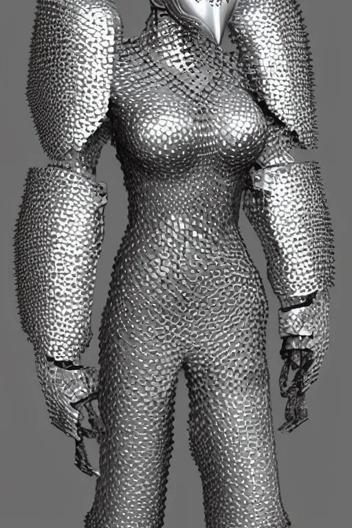 Prompt: female adventurer in tight full - body chainmail - style armor made out of several hundred sticky notes and a white porcelain crow mask, trending in artstation, japanese, artstation, establishing shot