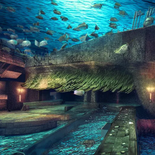 Image similar to underwater Scottish Parliament, deep underwater, fish shoal, concept art in style of Greg Rutkowki, dynamic lighting, 4k, very very very highly detailed, hyper realistic