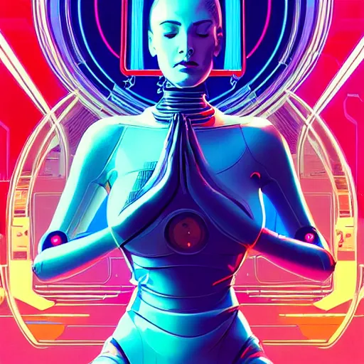 Image similar to a portrait of a beautiful cybernetic woman meditating in lotus pose, cyberpunk concept art by josan gonzales and jean claude meziere and syd mead