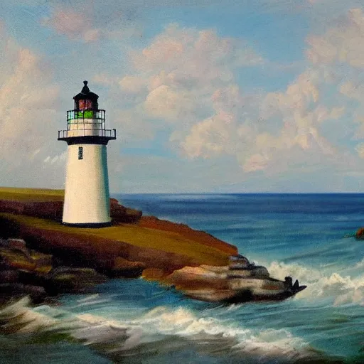 Prompt: painting of a coastal landscape with a lighthouse, by Aleksander Rostov