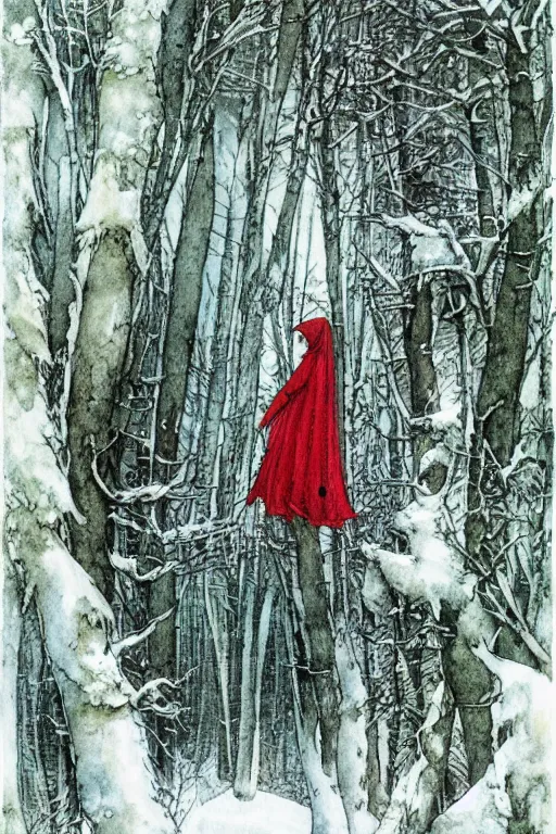 Image similar to red riding hood lost in a winter forest, art by luis royo and walter crane and kay nielsen, watercolor illustration,