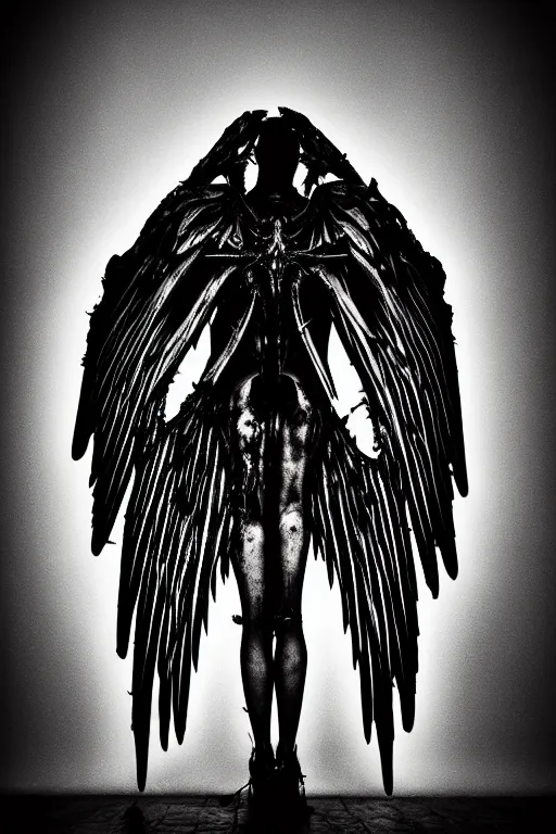 Prompt: wings of corrupted blades, psycho stupid fuck it insane, looks like death but cant seem to confirm, cinematic lighting, bioluminescence fluorescent phosphorescent, various refining methods, micro macro autofocus, ultra definition, award winning photo, to hell with you, glowing bones, devianart craze, a gammell - giger film