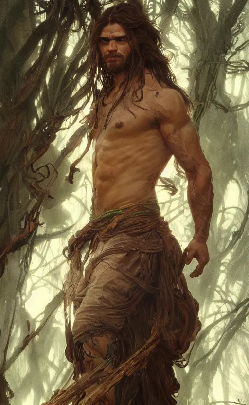 Prompt: God of the forest, male, rugged, shoulder-length hair, gorgeous, detailed face, clear face, amazing, muscular, intricate, highly detailed, digital painting, artstation, concept art, sharp focus, illustration, art by greg rutkowski and alphonse mucha