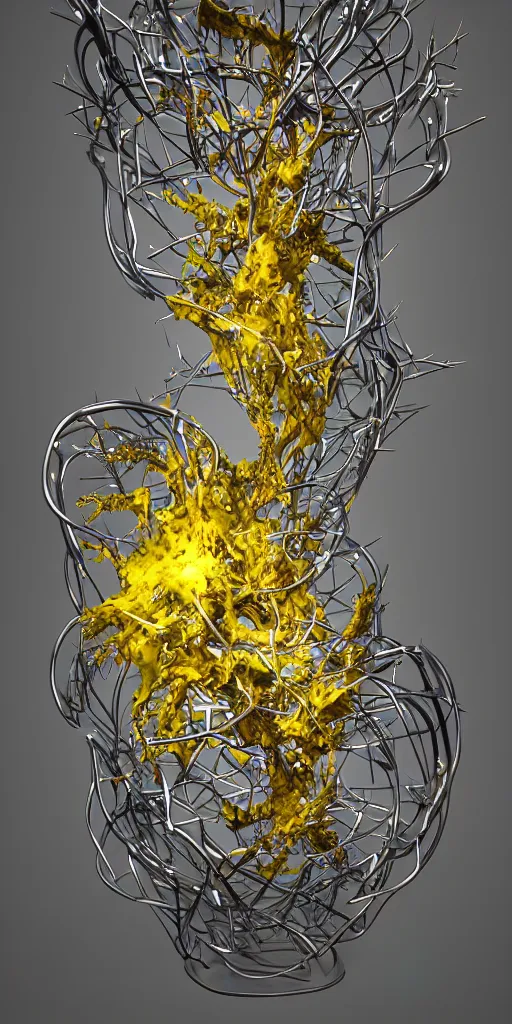 Image similar to 3 d photographic render of physarum sculpture made of chrome, neon circles, chrometype, made of liquid metal, neotribal with thorns and thunders, raytracing, hyper realistic, volumetric lightning, 8 k, by zhelong xu and ouchh studio