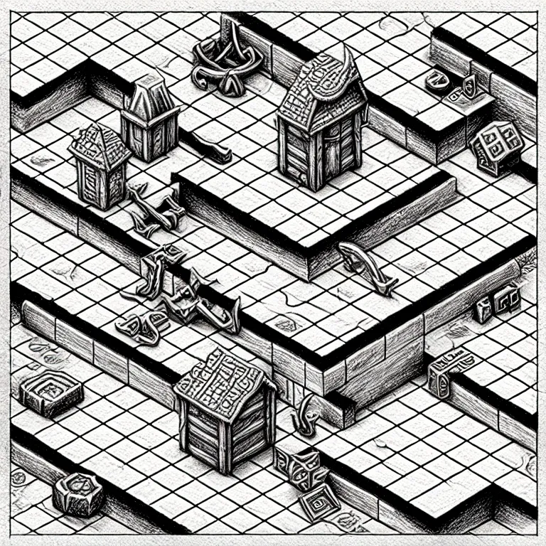 Image similar to an absurdly-detailed isometric fantasy scene pencil drawing as a fancy square tile