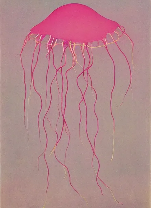 Image similar to pink jellyfish with minimalistic and aesthetic geometric shapes and patterns, muted color palette, symmetric, symbolist, abstract, spiritual art painting by Hilma At Klint