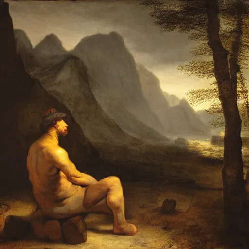 Prompt: primitive man sitting by the fire, at the entrance to the cave in the mountain, view of the forest, river and mountains in the distance, in the style of Rembrandt