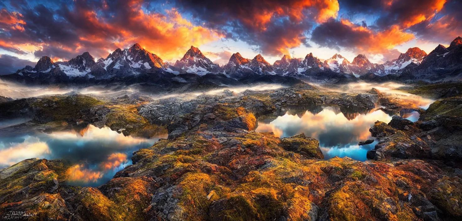 Image similar to amazing landscape photo of mountains with lake in sunset by marc adamus, beautiful dramatic lighting