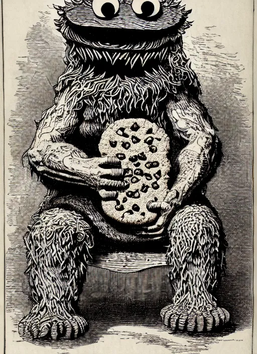 Prompt: cookie monster sits on a throne made of cookies, demon from the dictionarre infernal, etching by louis le breton, 1 8 6 9, 1 2 0 0 dpi scan, ultrasharp detail, clean scan