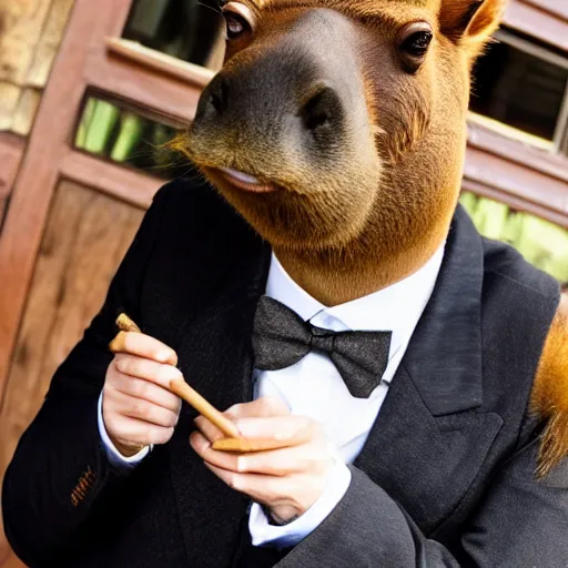 Image similar to smoking cigar, a man wearing a suit capybara head (smoking cigar)