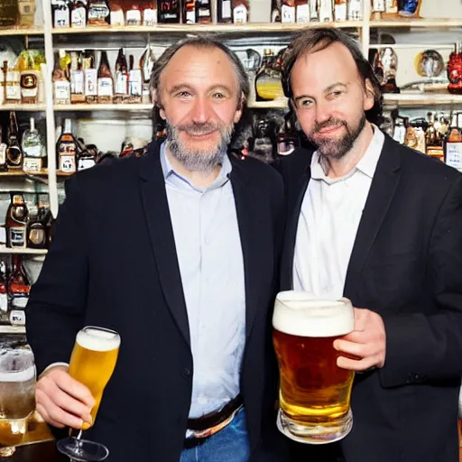 Image similar to Cedric Jubilar and Xavier dupont de ligones having a beer, award winning photography