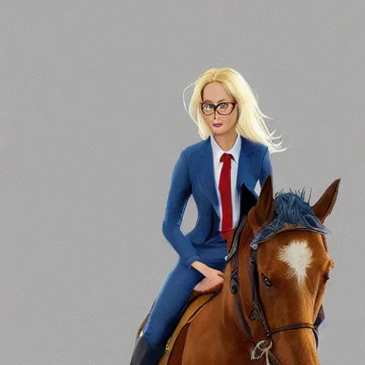 Prompt: perfect composition, subdued color palette, award-winning concept art, detailed digital painting, airbrushed, low contrast: a blond female accountant in a blue suit with glasses riding in a saddle on a horse. Volumetric cinematic lighting, great attention to perfect anatomy, special attention to posing, great attention to realistic facial expression, faithful cinematic color scheme, perfectly coherent. In the style of: Greg Rutkowski, Francis Bacon, Syd Mead, Norman Rockwell, Beksinski, Edward Hopper, James Gilleard, Ilya Kuyshinov, WLOP, Stanley Artgerm, Takato Yamamoto, and James Jean.