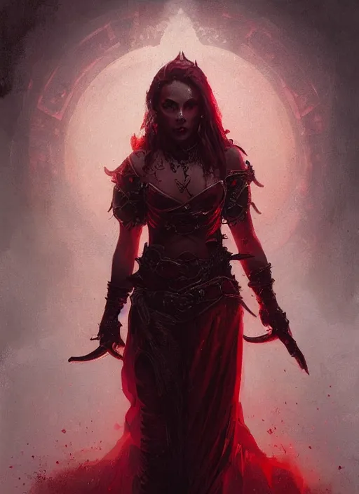 Prompt: diablo 4 lilith, red tones, beautiful face, rule of thirds, intricate outfit, spotlight, by greg rutkowski, by jeremy mann, digital painting