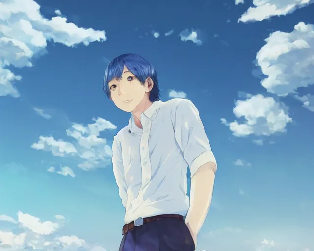 Prompt: boy looking at blue sky, wearing white shirt, facing away, low angle, sharp details, sharp focus, highly detailed, illustration, by pine ( ハイネ ) and 薯 子 imoko and 香 川 悠 作 and wlop and maya takamura, beautiful, trending artstation, pixiv, digital art