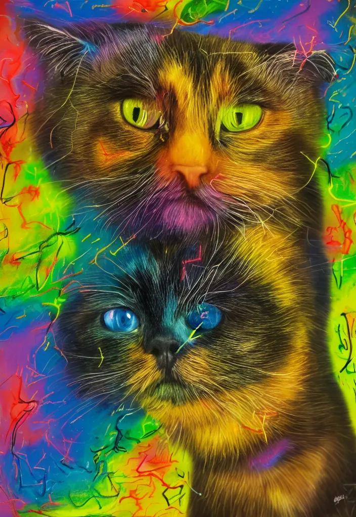 Prompt: cfa champion dark tortie scottish fold cat, cute feet long tail, radiant data visualization mathematical diagrams hologram overlay revealing complex inner machinations calculating sparrows flight trajectory, detailed annotated painting, grisaille dark monochrome with neon fluorescent color airbrush spraypaint accents, by jules julien, wes anderson, lisa frank, basquiat, octane render 4 k