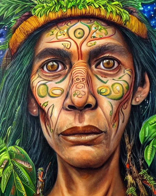 Image similar to a beautiful painting of an amazonian shaman healer sitting in the jungle, doing a prayer, ayahuasca, high detail painting, fantasy art, highly detailed, realistic face, only one face, starry sky, canopee