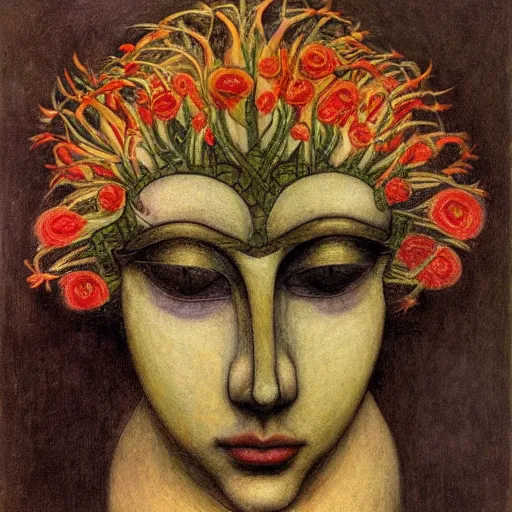 Prompt: facemask made of flowers, by annie swynnerton and jean delville and rufino tamayo and edward hopper and evelyn de morgan, art deco flower shaman, art brut, outsider art, symbolist, dramatic lighting, god rays, elaborate geometric ornament, clean crisp graphics, smooth sharp focus, extremely detailed, adolf wolfli