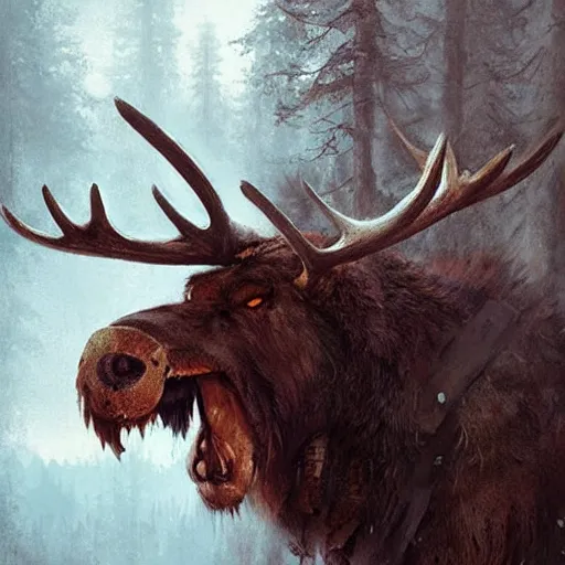 Prompt: hairy barbarian wearing moose head by greg rutkowski