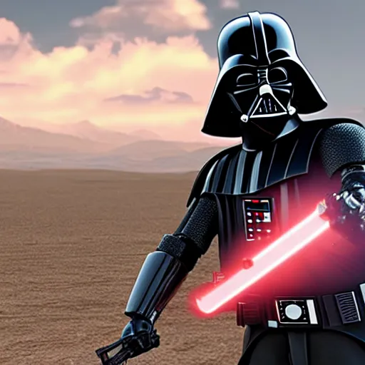 Prompt: darth vader wielding his light saber against robocop who is pointing a gun at him, against a barren landscape at sunset, warm, fine detail, epic composition, unreal engine.