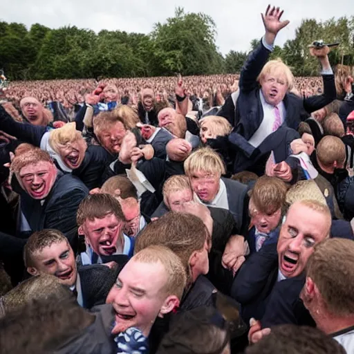 Image similar to several clones of boris johnson raving in a muddy mosh pit