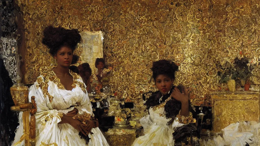 Prompt: high quality high detail painting by ilya repin, black woman in a white room with many plants, intricate costume design, orientalist, partially gold, ornate, elite, luxury, hd