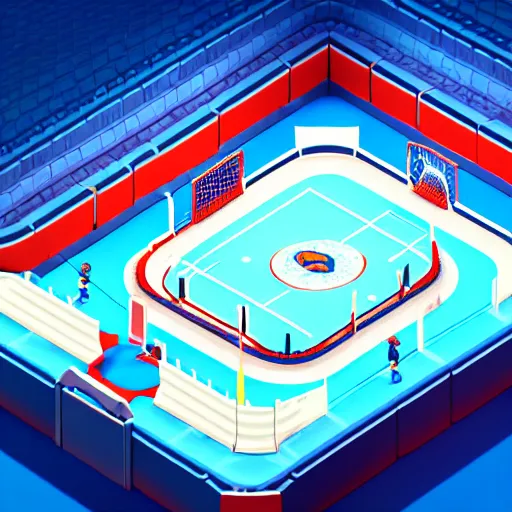 Prompt: hockey arena. game illustration, gamedev, game, design, mobile game, aerial view, isometric voxel, blizzard, easports, playrix, nexters, intricate, elegant, sport game, highly detailed, digital painting, trending on artstation, concept art, smooth, sharp focus, art by roman klco and shadow run, brightly lit cinematic soft lighting, 4 k