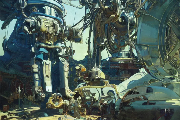 Prompt: natural landscape | robot repairing another robot, painting by syd mead and weta studio, alphonso mucha, james jean, frank frazetta, highly detailed, rule of third, soft lighting, 8 k resolution, oil on canvas, architectural magazine, beautiful detailed, insanely intricate details, artstation trending, hypermaximalistic, high details, cinematic