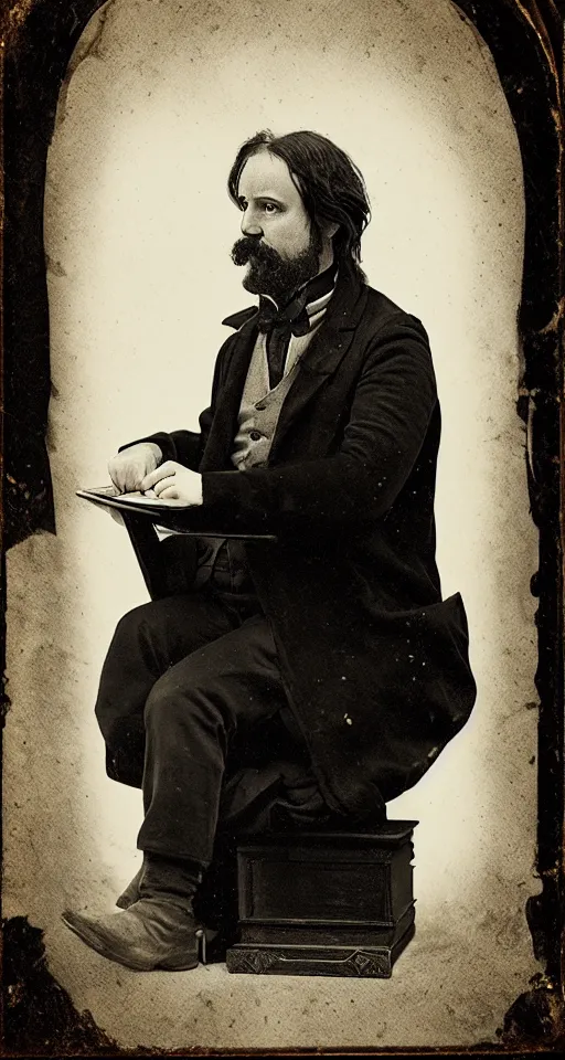 Prompt: a highly detailed digital collodion photograph, a portrait of a playwright