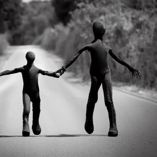 Image similar to a photo of two small humanoid aliens wearing tight black jumpsuits walking in a country road, creepy, highly realistic, summer day