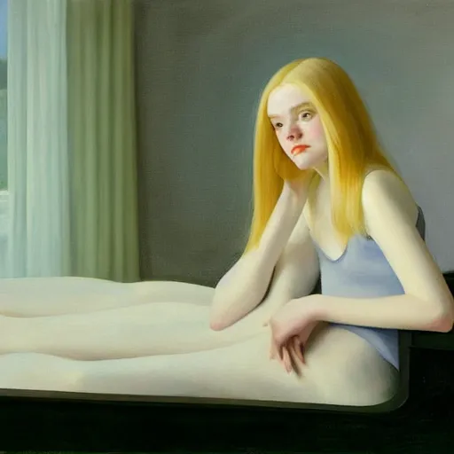 Image similar to Painting of Elle Fanning in the planes of Oblivion, long blonde hair, delicate, pale milky white porcelain skin, by Edward Hopper. 8K. Extremely detailed.