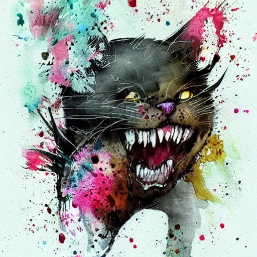 Prompt: vicious roaring hello kitty by Jean-Baptiste Monge, post processing, painterly, book illustration watercolor granular splatter dripping paper texture. Trending on artstation, post processing, pen and ink work. sharp focus.