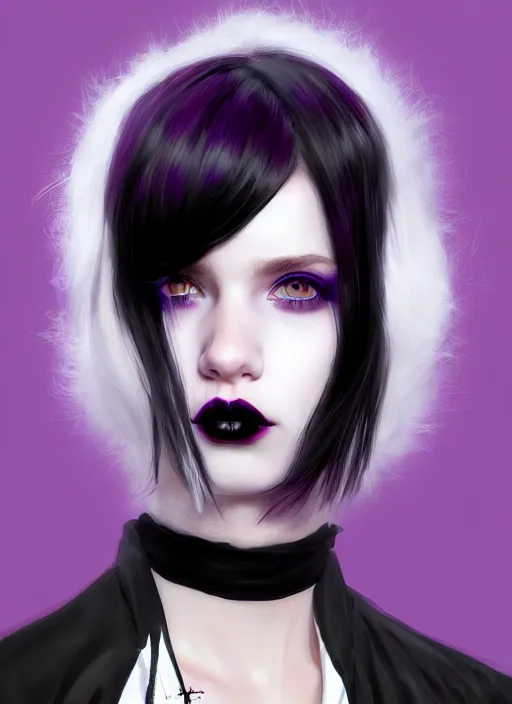 Prompt: portrait of white teenage girl, normal face, black bangs, mall goth, cyberlox, black and white hair, bangs, fluffy bangs, red contacts, purple lipstick, intricate, elegant, highly detailed, digital painting, artstation, concept art, sharp focus, smooth, illustration, art by wlop, mars ravelo and greg rutkowski