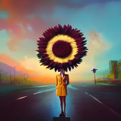 Image similar to giant daisy flower head, frontal, girl in a suit standing on street, surreal photography, sunrise, dramatic light, impressionist painting, digital painting, artstation, simon stalenhag