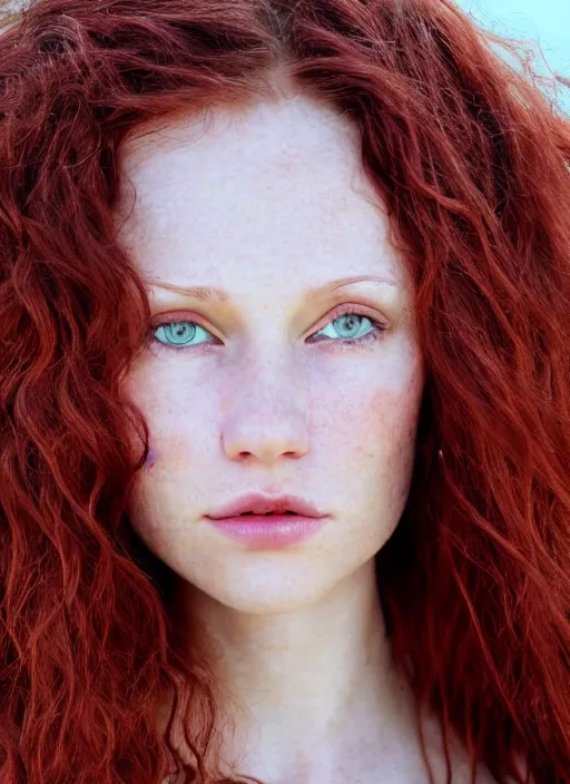 Prompt: close up portrait of a thin young redhead woman with russian descent, sunbathed skin, with deep blue eyes. wavy long maroon colored hair. she looks directly at the camera. slightly open mouth, face takes up half of the photo. a park visible in the background. intricate. detailed 8 k. art by luis royo.