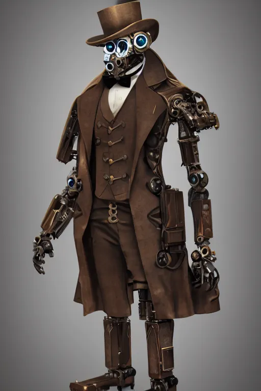 Image similar to a steampunk robot wearing a formal overcoat, portait photo profile picture, hyperrealistic concept art, octane render, unreal engine 5, digital art hi