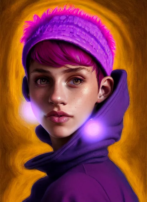 Image similar to portrait of teenage vanessa morgan with bright pink hair, curly pixie cut hair, wearing a purple breton cap, breton cap, hoop earrings, intricate, elegant, glowing lights, highly detailed, digital painting, artstation, concept art, smooth, sharp focus, illustration, art by wlop, mars ravelo and greg rutkowski