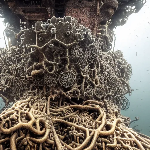 Image similar to deep sea creature, underwater megastructure, covered in rust barnacles and rot, rotting flesh and machinations, real photography