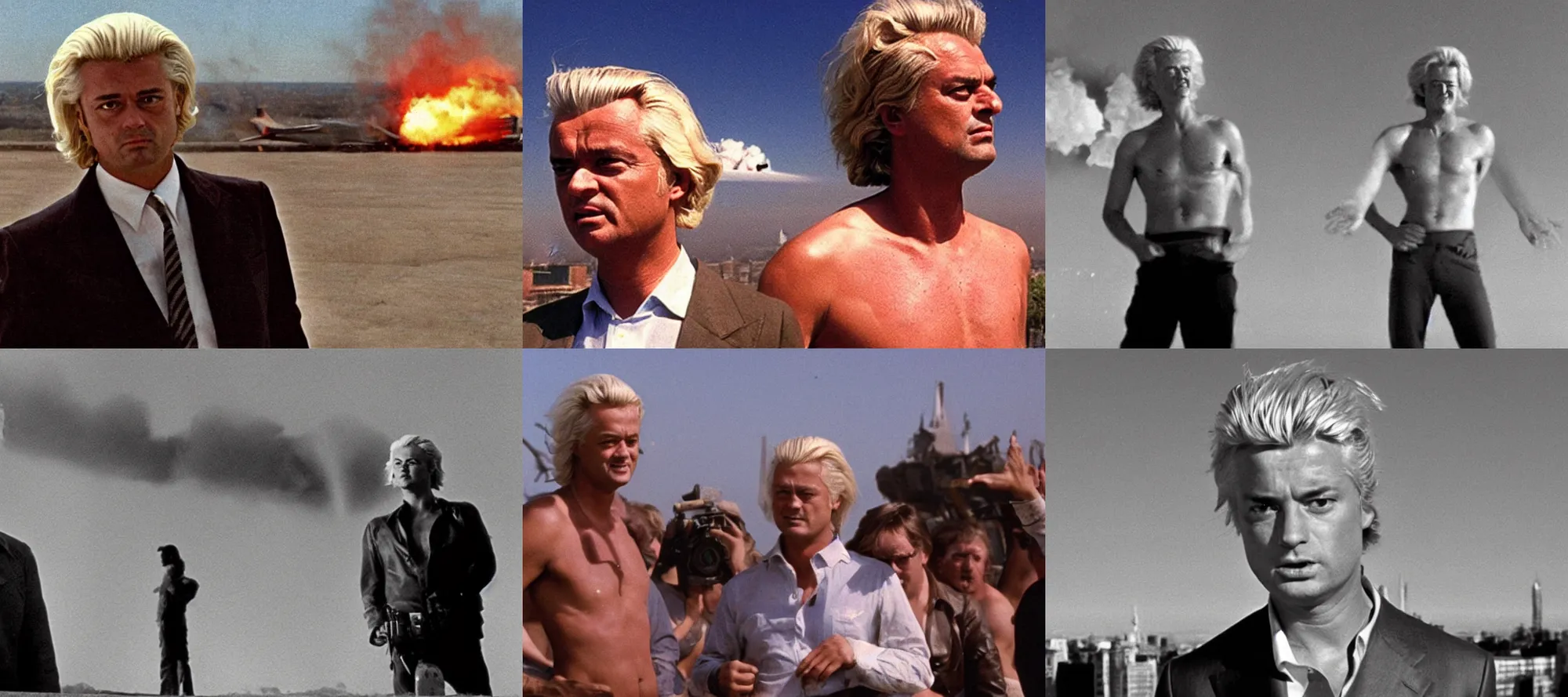 Prompt: Geert Wilders looking smirky shirtless looking at a plane exploding above a city, Stalker (1979) by Andreï Tarkovski, cinémascope, epic ultrawide shot, cinémascope