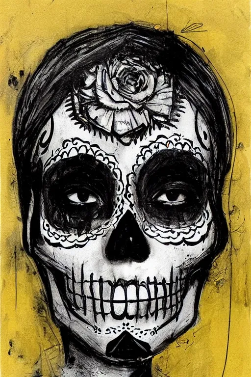 Prompt: Illustration of a sugar skull day of the dead girl, art by Guy Denning