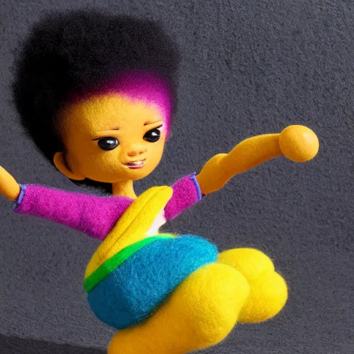 Prompt: a wide angle portrait of a black boy with a colorful afro doing karate in a samurai dojo, by goro fujita, mark ryden and lisa frank, felt texture, volumetric wool felting, radiant light, amigurumi, macro photography, miniature world, depth of field, breathtaking landscape, detailed environment