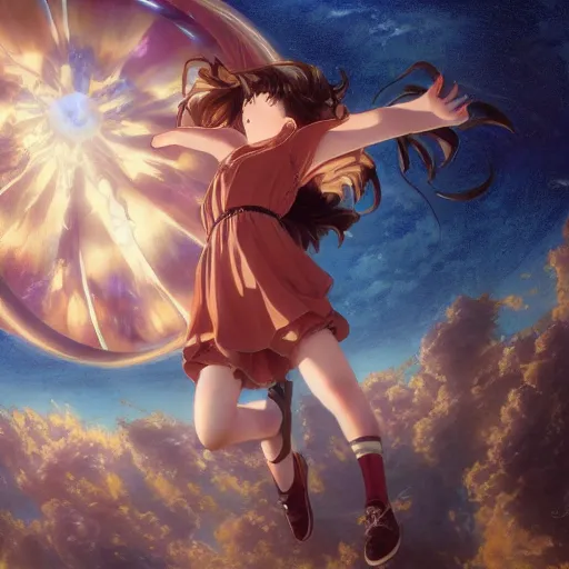 Prompt: Anime girl falling out of the sky through a giant time portal, detailed, centered, digital painting, artstation, concept art, donato giancola, Joseph Christian Leyendecker, WLOP, Boris Vallejo, Breathtaking, 8k resolution, extremely detailed, beautiful, establishing shot, artistic, hyperrealistic, beautiful face, octane render, cinematic lighting, dramatic lighting, masterpiece