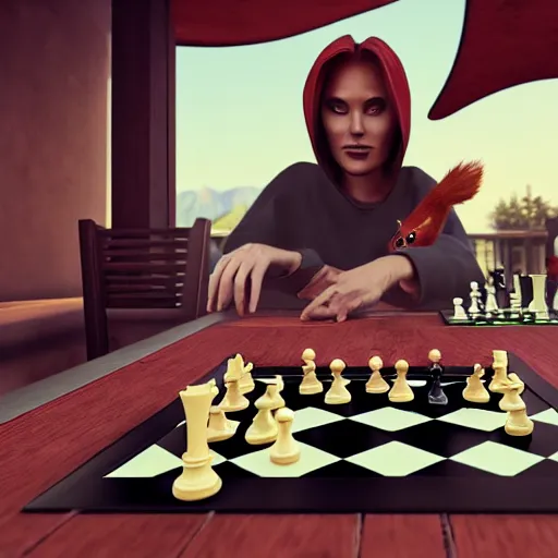 Prompt: grim reaper playing chess with a red cat at a table on a sunny veranda, 8 k, ultra realistic, unreal engine 5