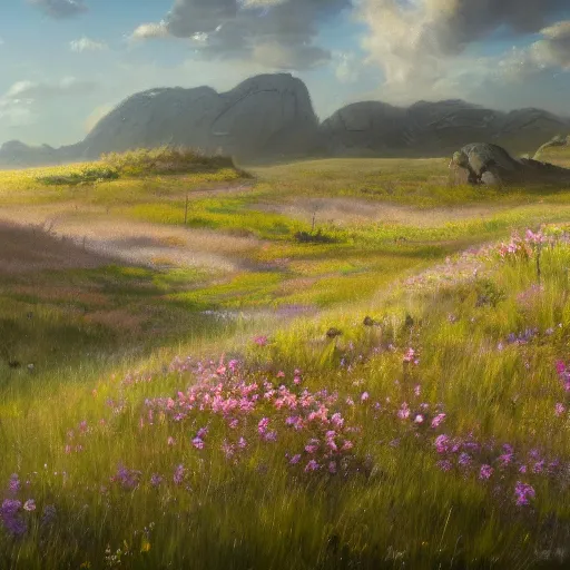 Prompt: a matte painting of a european prairie, patchy flowers and rocks, oil painting, pale colors, high detail, 8 k, wide angle, trending on artstation,