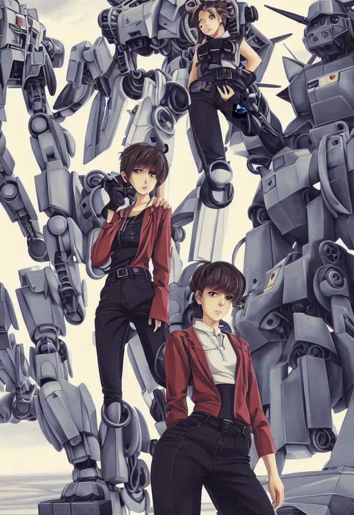 Image similar to beautiful full body portrait of one anime female with short hair, wearing mechanic clothing, in a mech repair facility standing in front of a gigantic gundam style mech, drinking soda, D&D, fantasy, intricate, elegant, highly detailed, digital painting, artstation, concept art, smooth, sharp focus, illustration, art by artgerm and KyuYong Eom and WLOP and Krenz Cushart and greg rutkowski and alphonse mucha