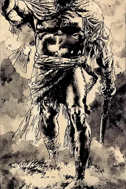 Image similar to ancient historically accurate depiction of the Bible Character Goliath of Gath, the Philistine warrior giant by frank miller