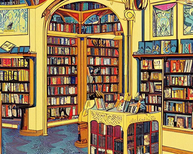 Image similar to bookstore filled with witches detailed painting art nouveau in the style of george barbier