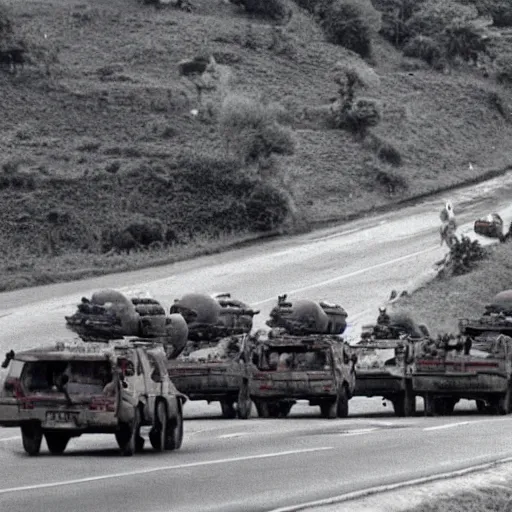 Prompt: film still, French Military convoy in 1994 Rwanda génocide